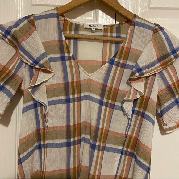 Madewell V-Neck Shoulder-Ruffle Top in Plaid Checkered Gauzey Blouse Size Small - Picture 4 of 9
